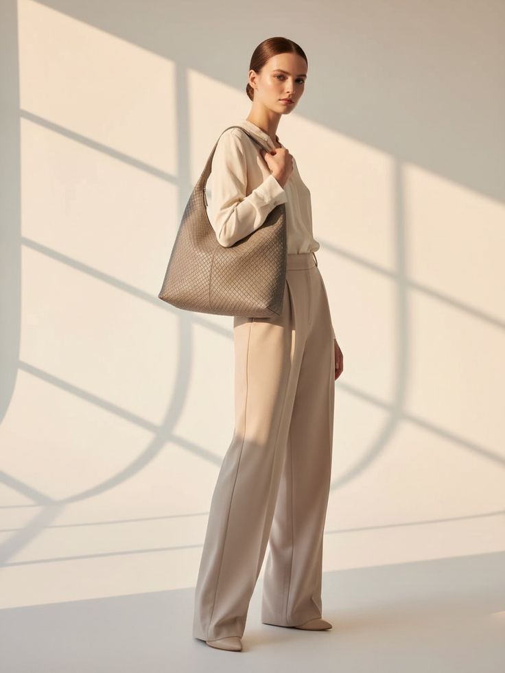 Model carrying a taupe Nook shoulder bag